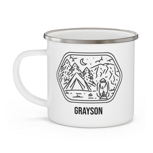 Personalized Mountain Camping Mug – Custom Name Enamel Camp Mug for Him, 12oz