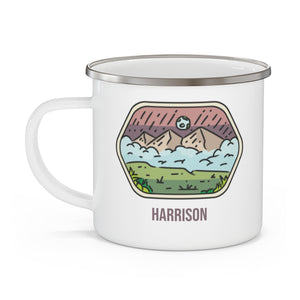 Personalized Mountain Camp Mug for Dad – Custom Name Enamel Mug for Dad or Grandpa, 12oz