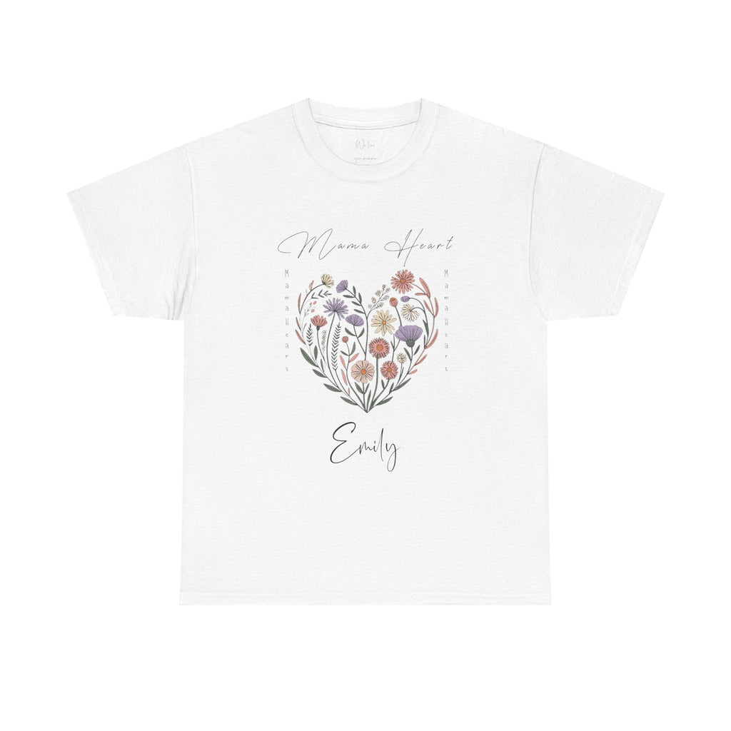Personalized Mama Heart t-shirt with wildflower wreath design