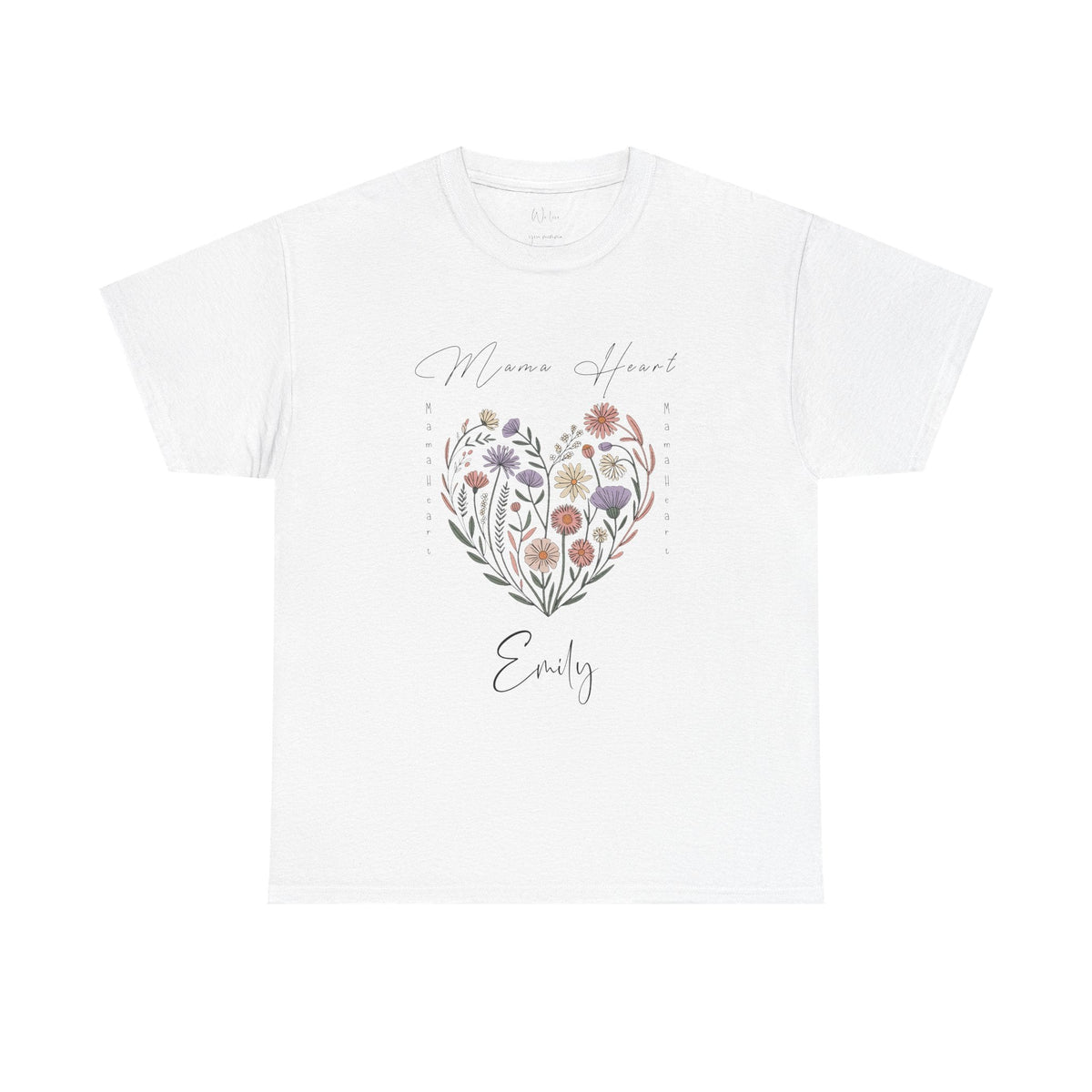 Personalized Mama Heart t-shirt with wildflower wreath design