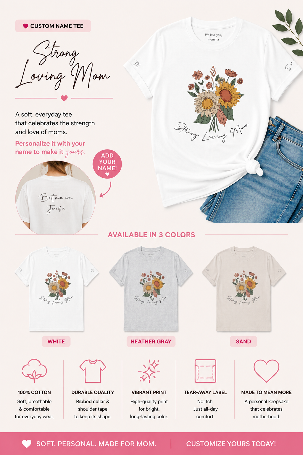 Personalized Strong Loving Mom T-Shirt – Sunflower Tee