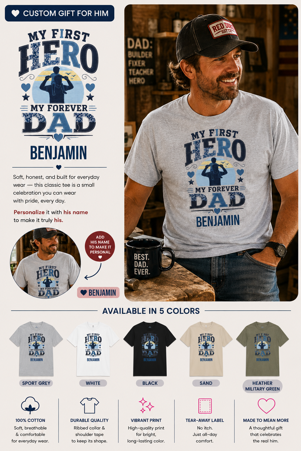 Personalized Dad T-Shirt – My First Hero My Forever Dad Tee