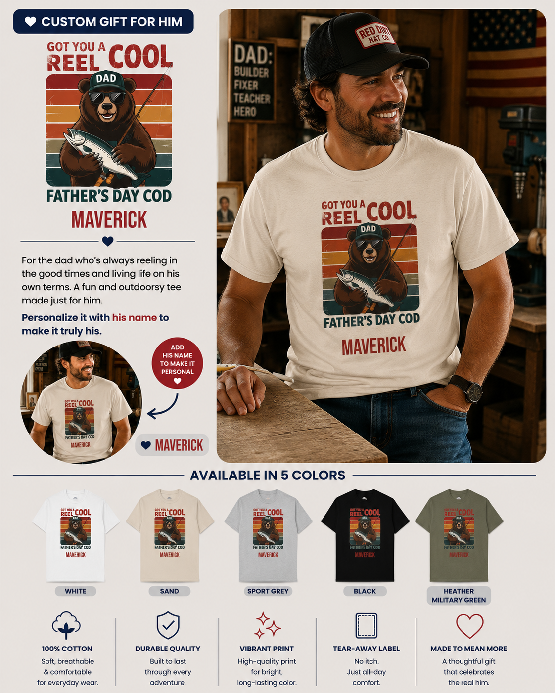 Personalized Reel Cool Dad T-Shirt – Funny Fishing Father's Day Tee