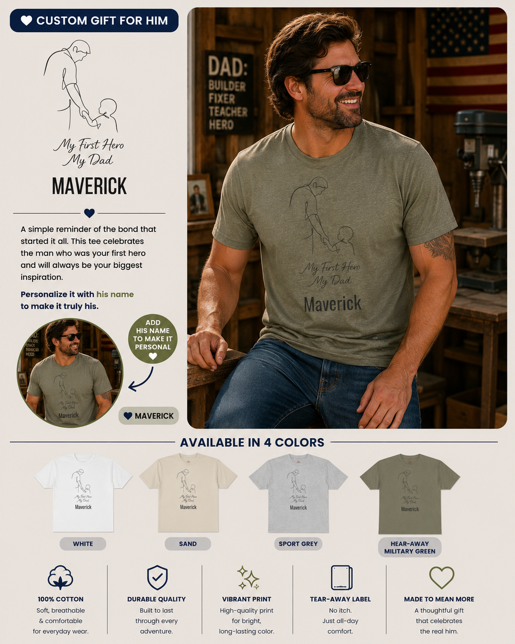Personalized Dad T-Shirt – My First Hero My Dad Line Art Tee