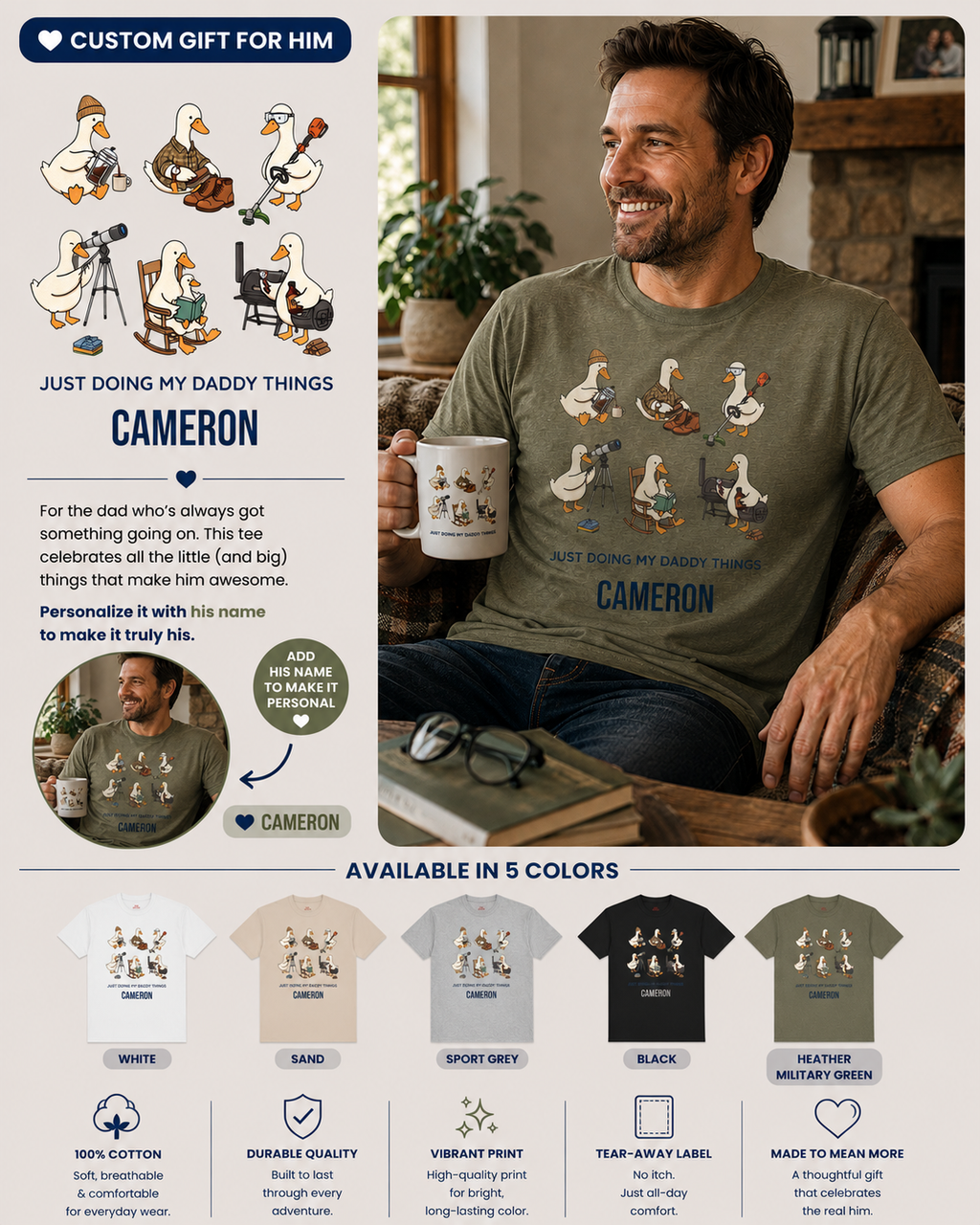Personalized Just Doing My Daddy Things t-shirt information graphic showing product details and available colors