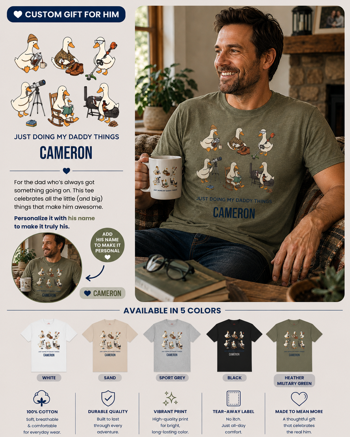 Personalized Just Doing My Daddy Things t-shirt information graphic showing product details and available colors