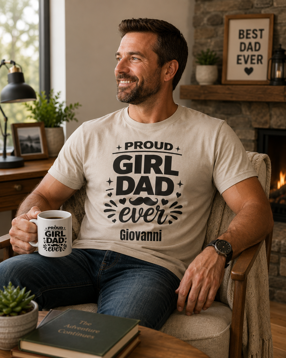 A man wearing a personalized Proud Girl Dad t-shirt with Giovanni, shown in a lifestyle setting