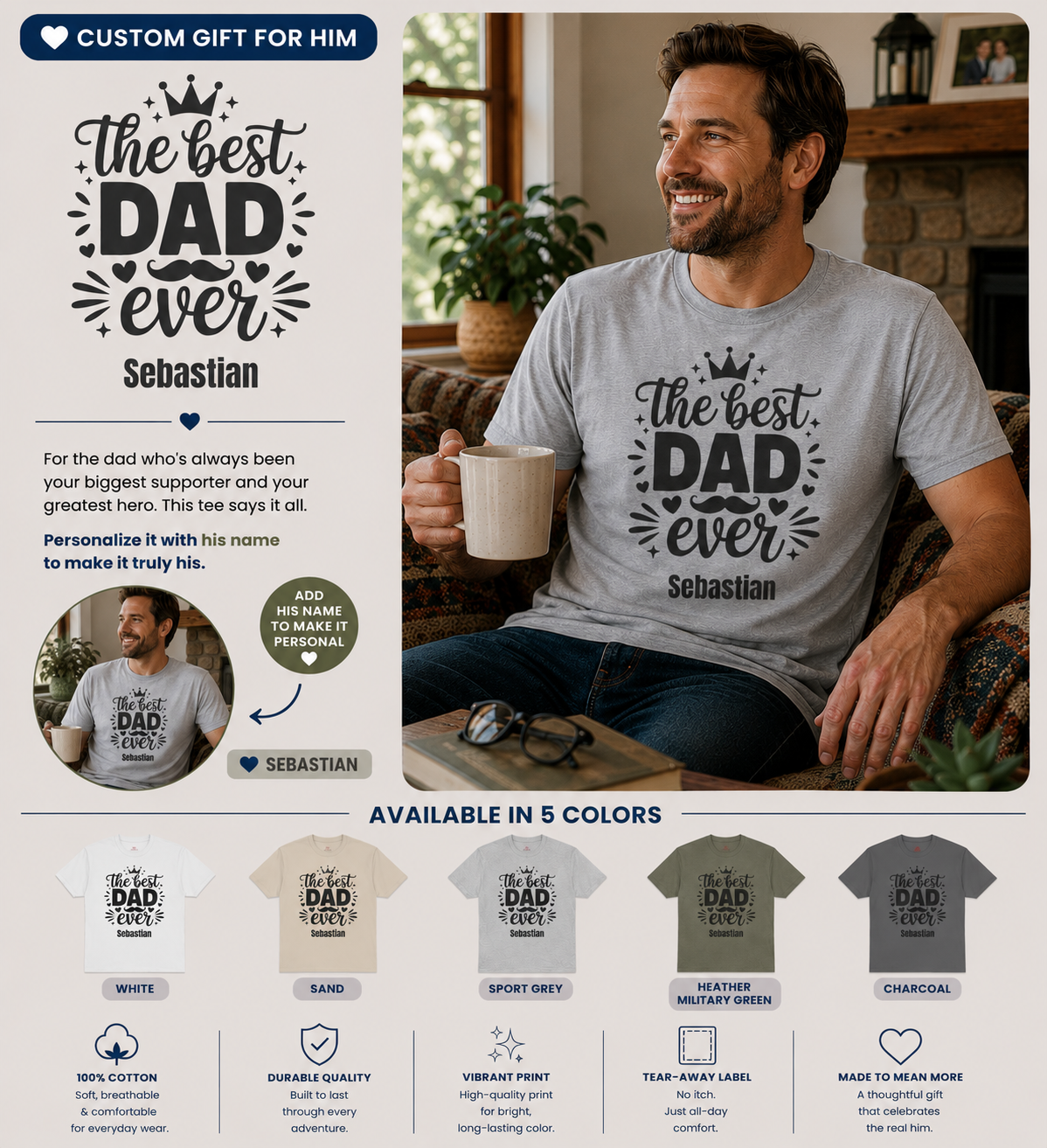 Personalized The Best Dad Ever t-shirt information graphic showing product details and available colors