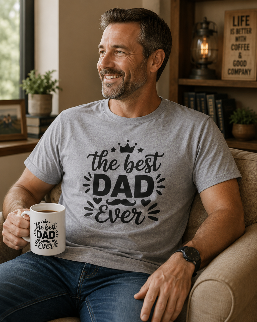A man wearing a personalized The Best Dad Ever t-shirt with Sebastian, shown in a lifestyle setting