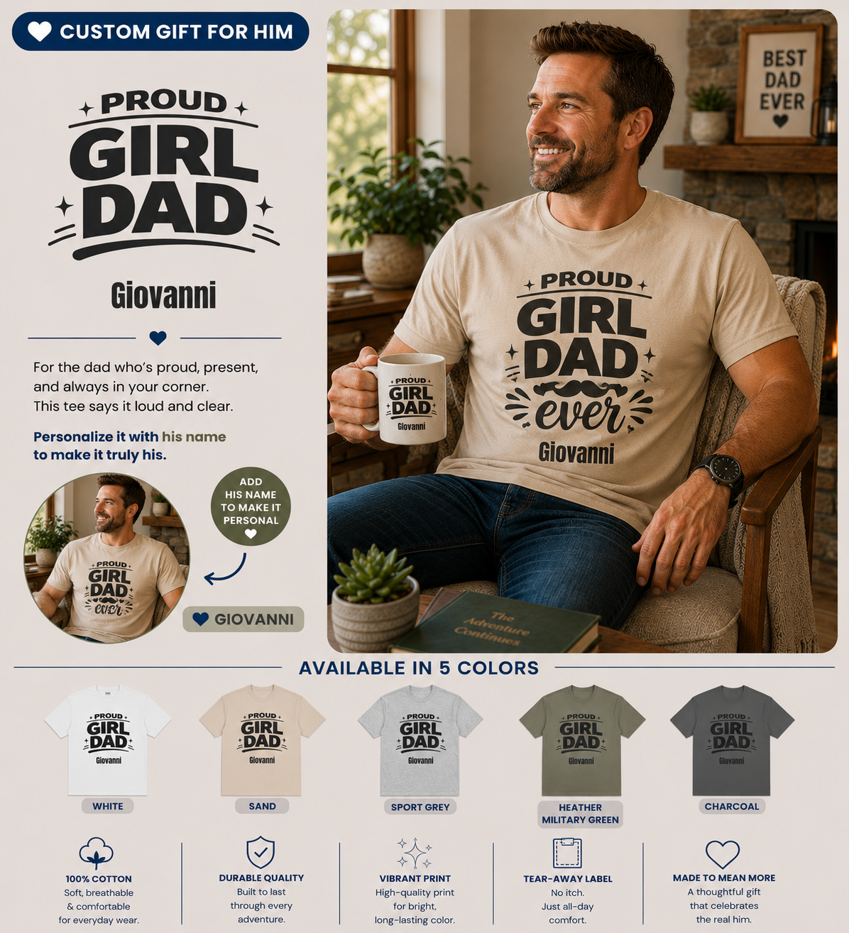Personalized Proud Girl Dad t-shirt information graphic showing product details and available colors