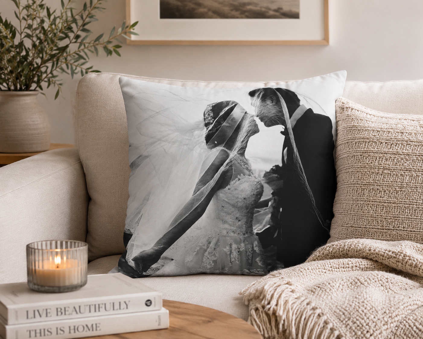Personalized Black & White Wedding Photo Pillow