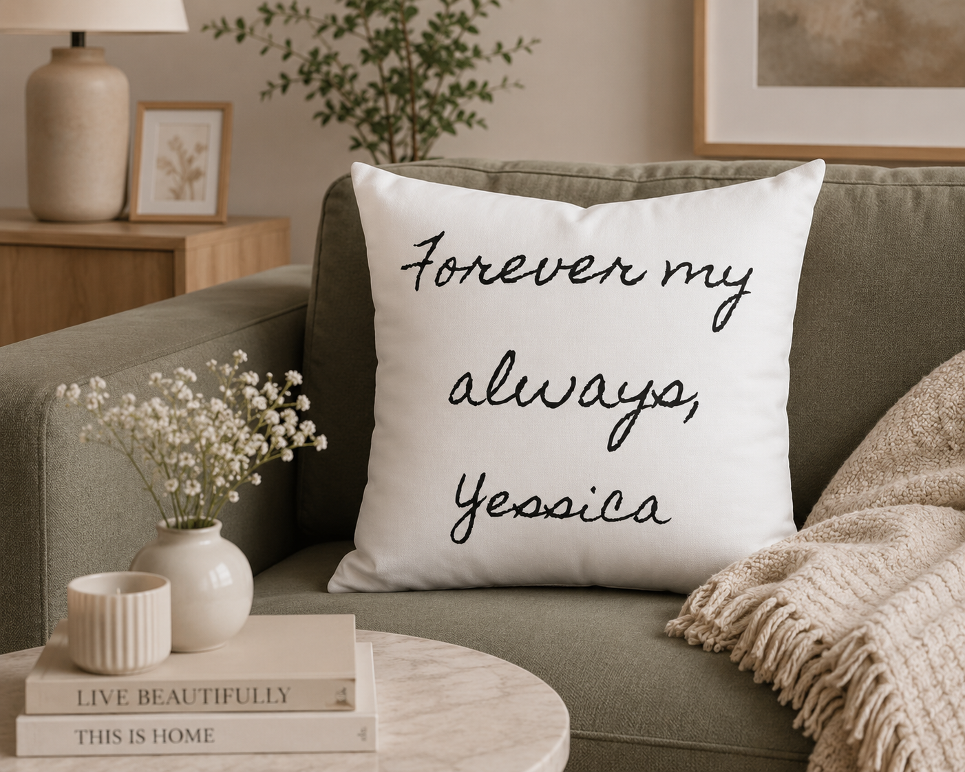 Decorative pillow with 'Forever my always, Jessica' text on a couch in a cozy living room. Personalized Romantic Quote Pillow 