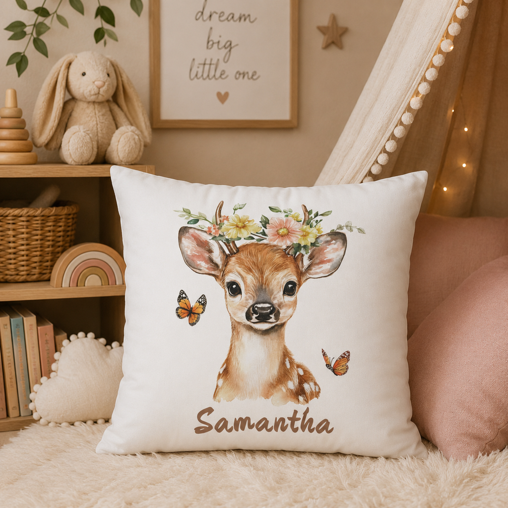 Personalized Baby Deer Nursery Pillow – Custom Name