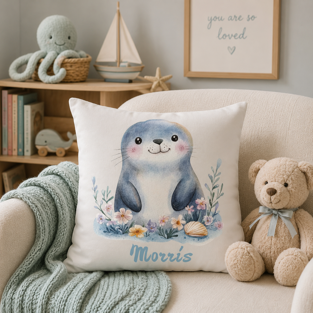 Personalized Baby Seal Nursery Pillow – Custom Name