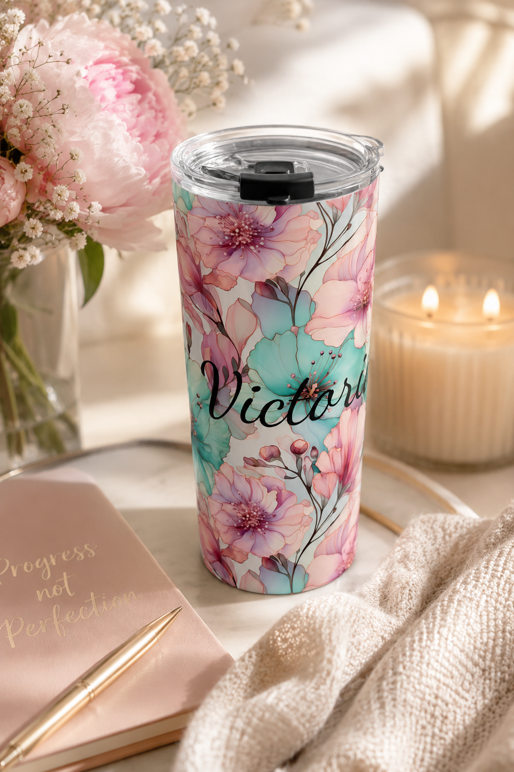 Personalized Watercolor Floral Tumbler – 20oz Insulated Pastel Name Cup