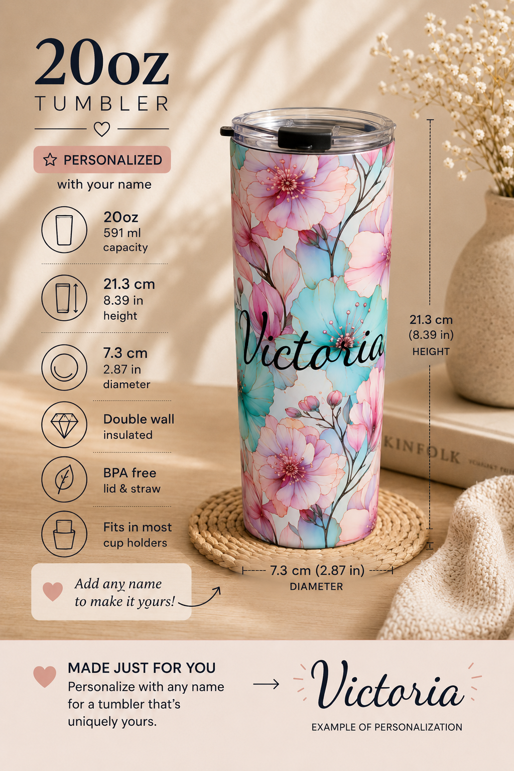 Personalized Watercolor Floral Tumbler – 20oz Insulated Pastel Name Cup