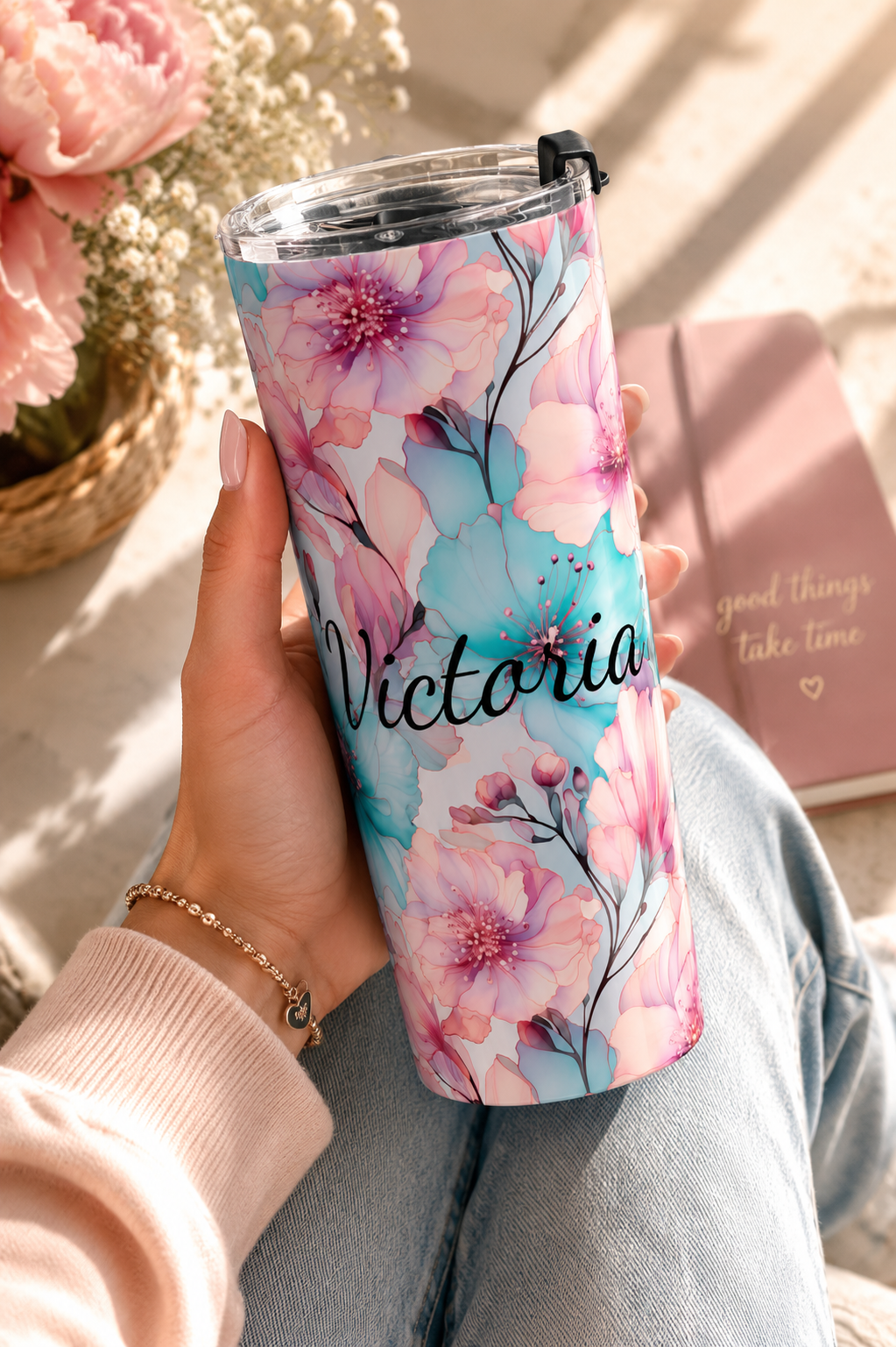 Personalized Watercolor Floral Tumbler – 20oz Insulated Pastel Name Cup