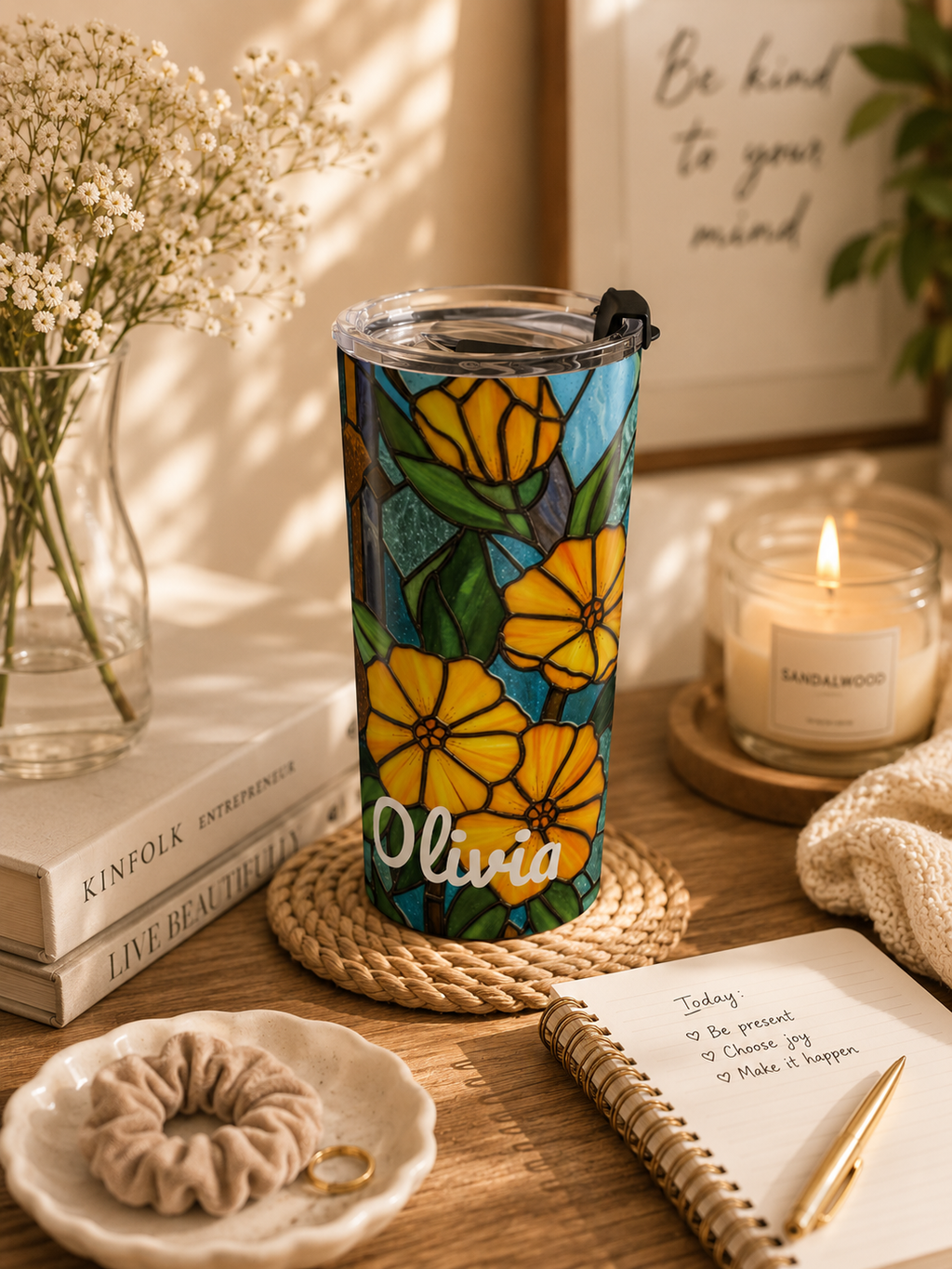 Personalized Stained Glass Floral Tumbler – 20oz Yellow Flower Name Cup