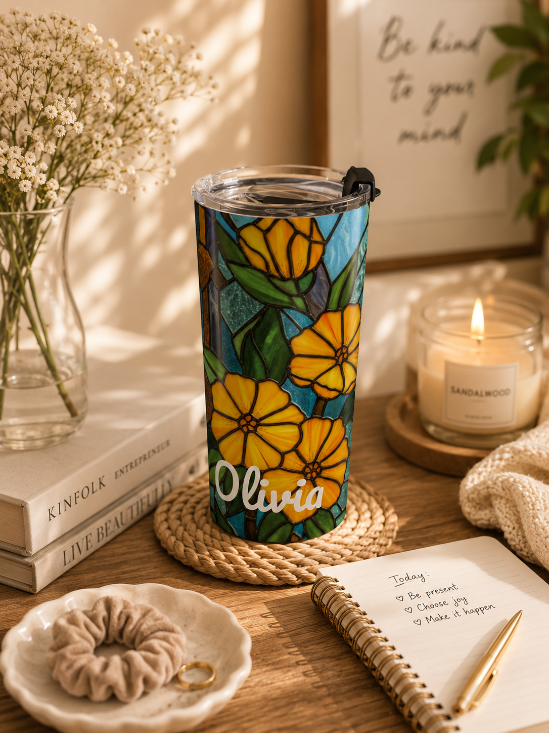 Personalized Stained Glass Floral Tumbler – 20oz Yellow Flower Name Cup