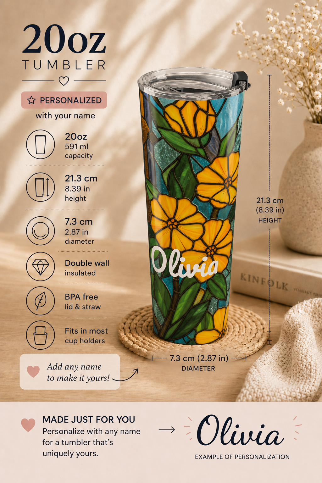 Personalized Stained Glass Floral Tumbler – 20oz Yellow Flower Name Cup