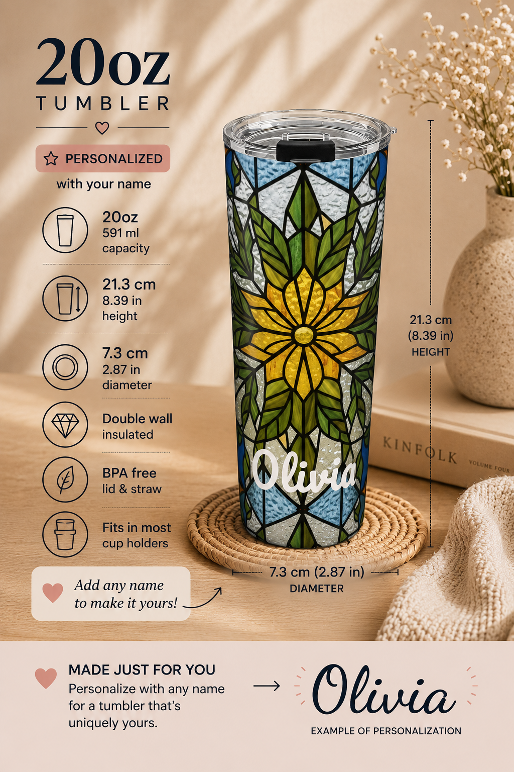 Personalized Stained Glass Sunflower Tumbler – 20oz Insulated Name Cup