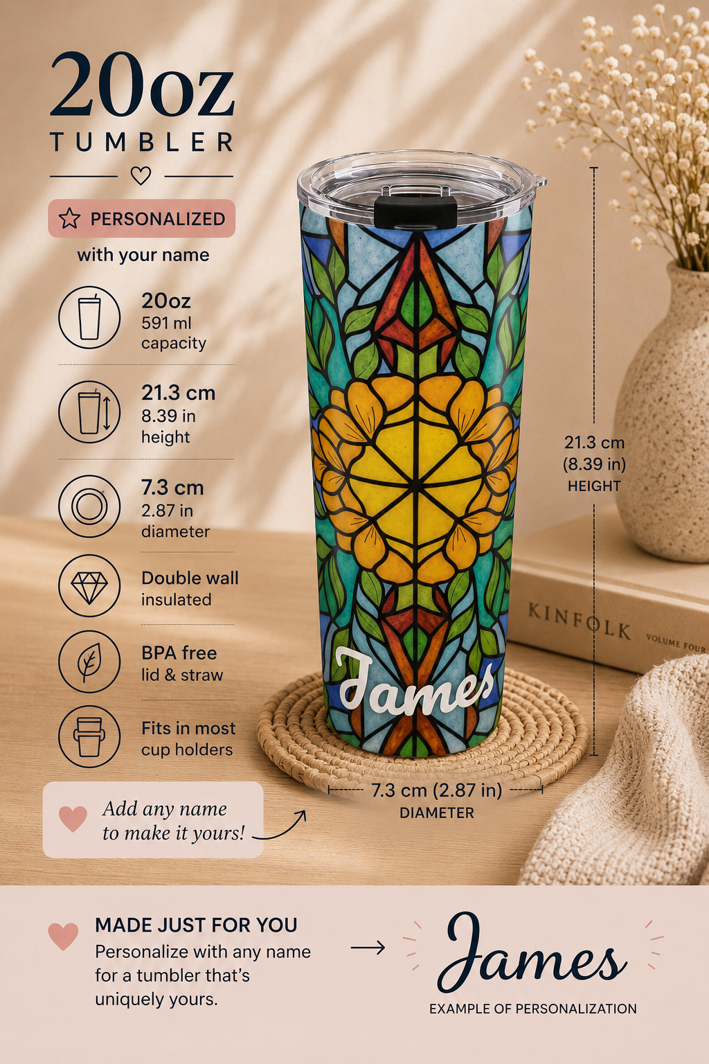 Personalized Stained Glass Mandala Tumbler – 20oz Floral Name Cup