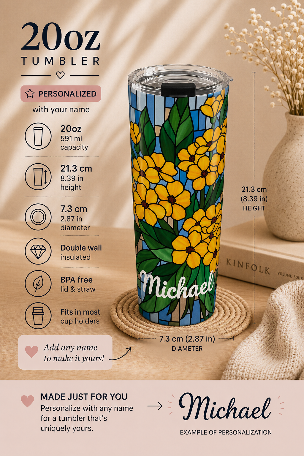 Personalized Stained Glass Floral Tumbler – 20oz Golden Bloom Name Cup