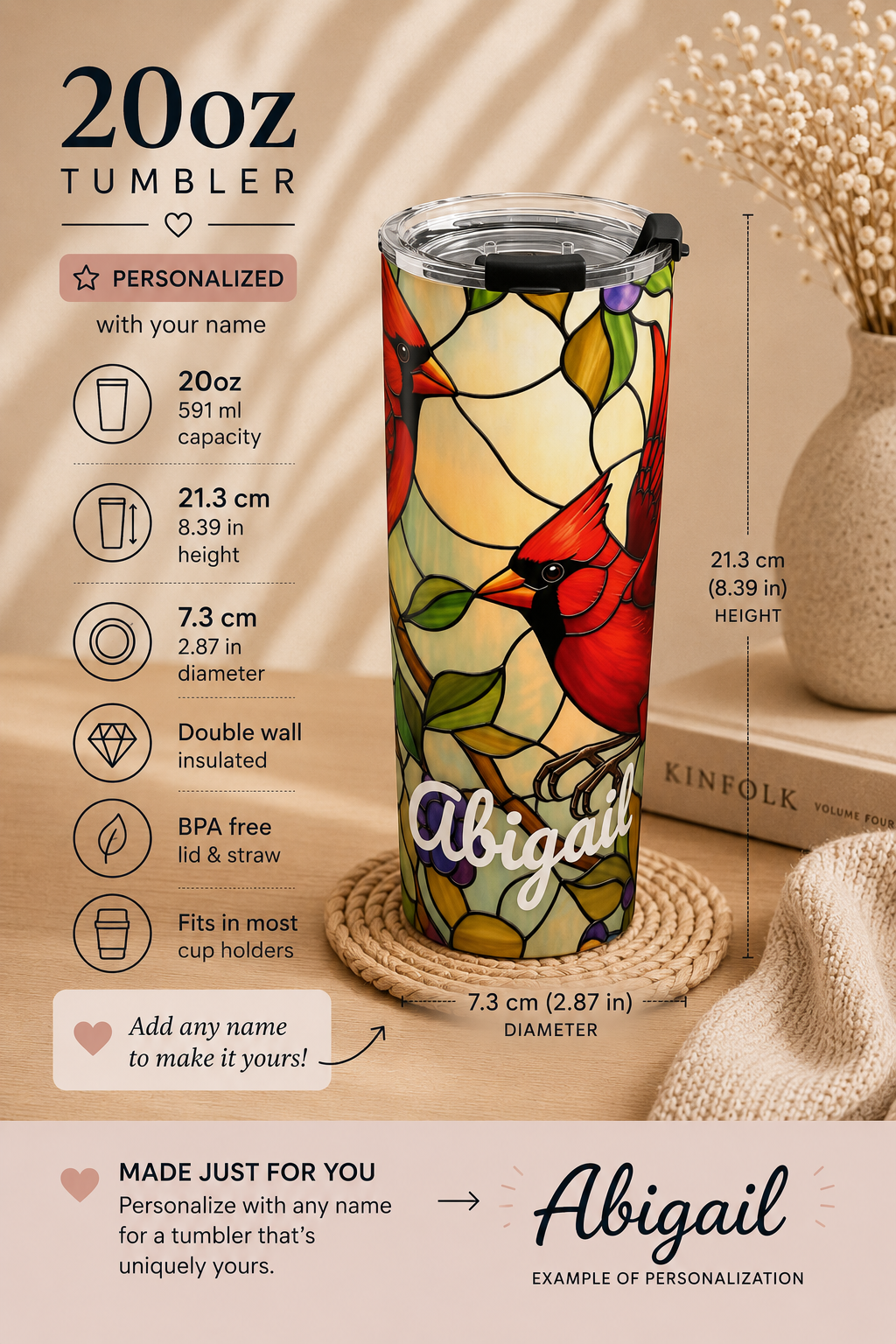 Personalized Cardinal Tumbler – 20oz Stained Glass Insulated Name Cup
