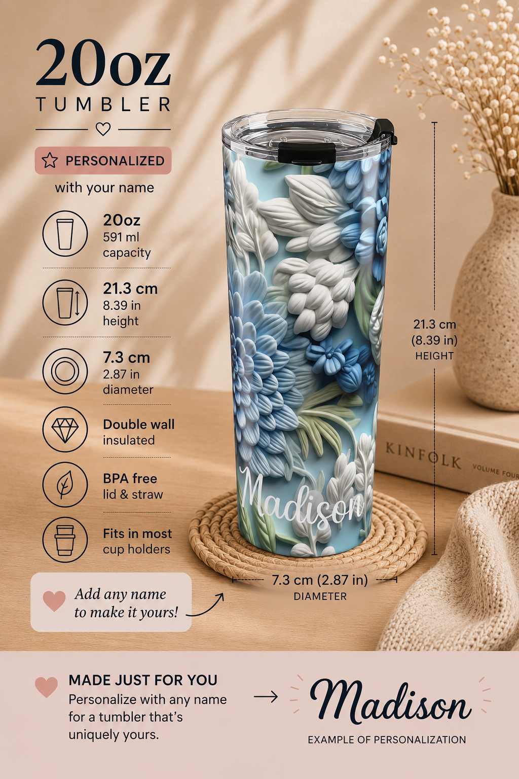 Personalized Floral Tumbler – 20oz Insulated Blue Blossom Name Cup