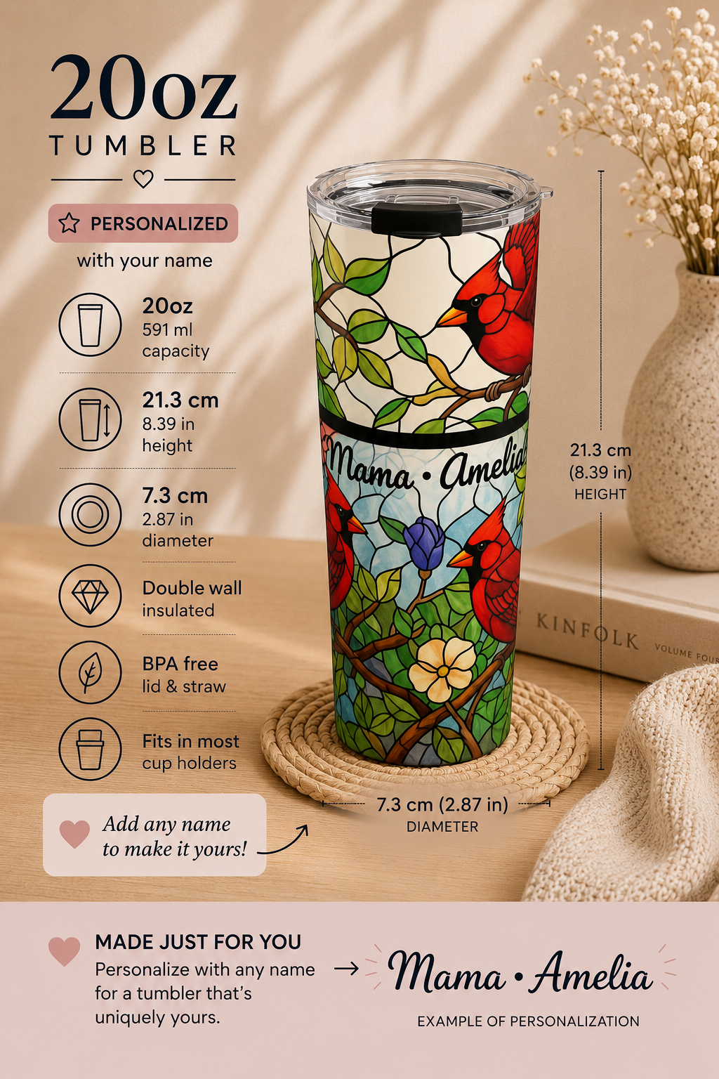 Personalized Mama Cardinal Tumbler – 20oz Stained Glass Mom Name Cup