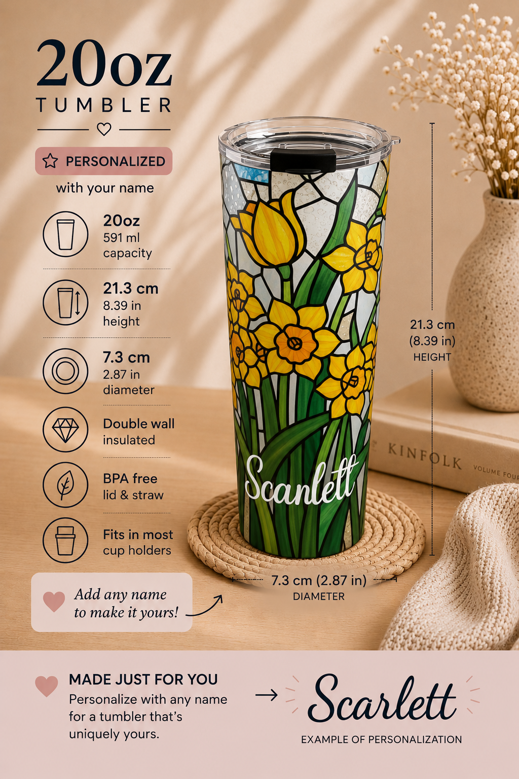 Personalized Daffodil Tumbler – 20oz Stained Glass Floral Name Cup
