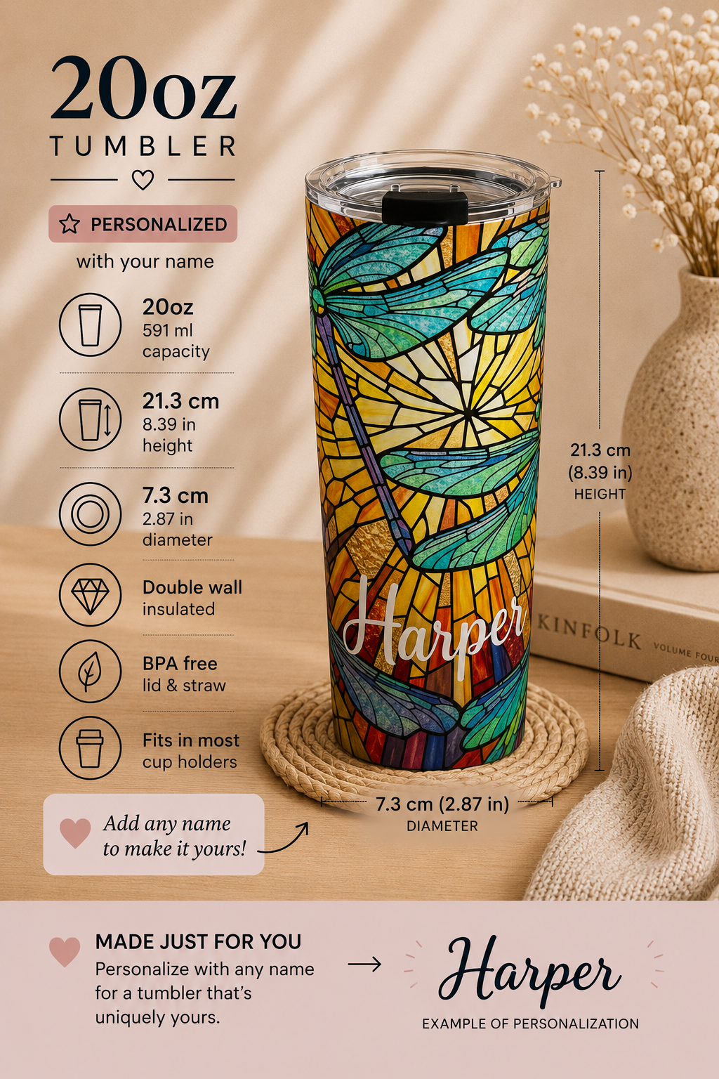 Personalized Dragonfly Tumbler – 20oz Stained Glass Insulated Name Cup