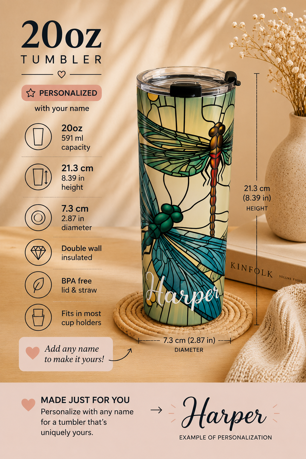Personalized Dragonfly Tumbler – 20oz Stained Glass Sage Name Cup