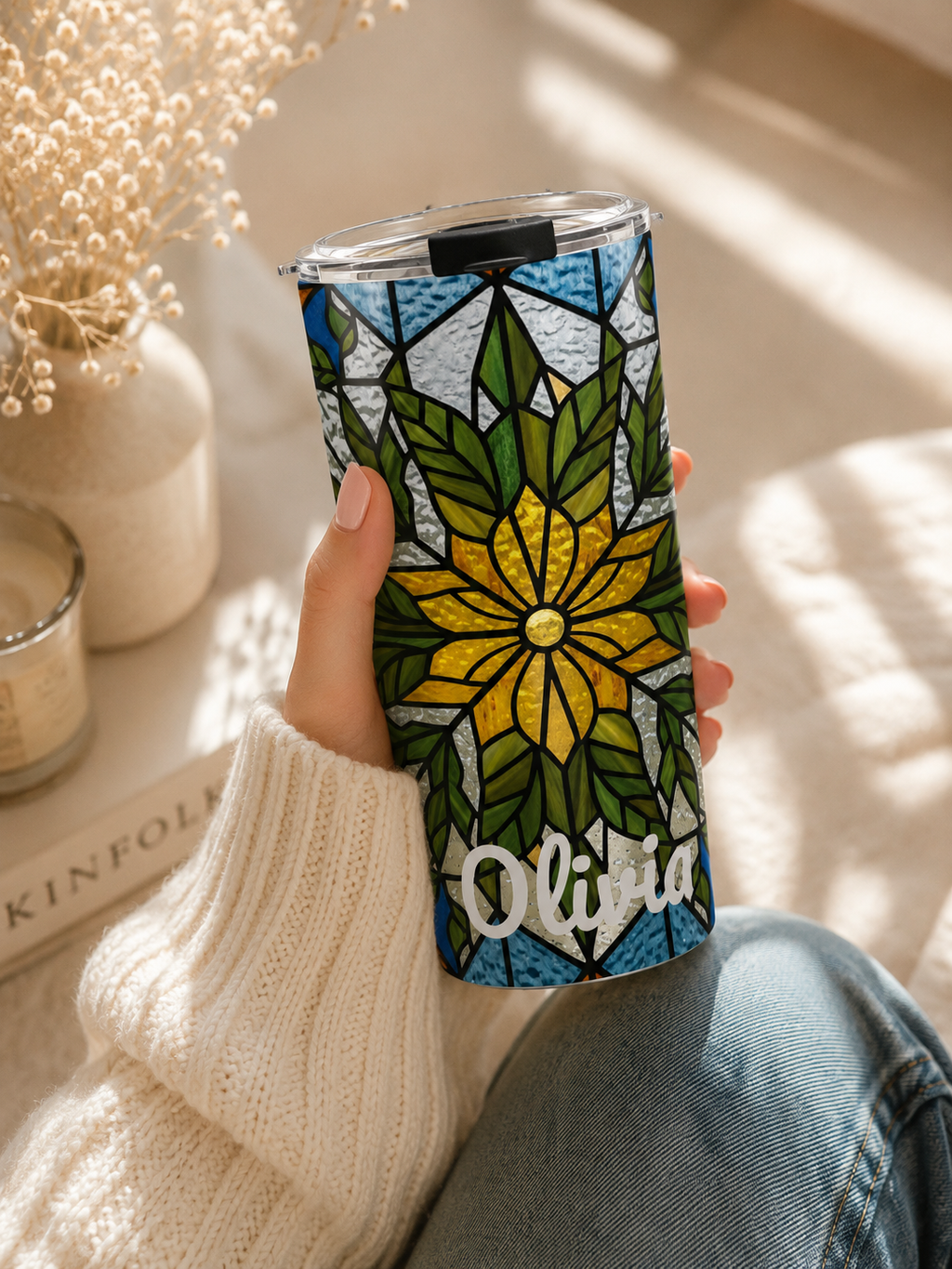 Personalized Stained Glass Sunflower Tumbler – 20oz Insulated Name Cup