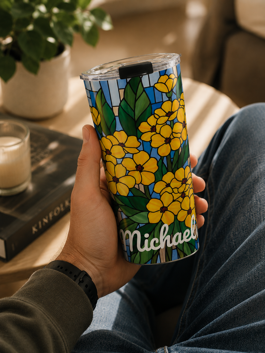 Personalized Stained Glass Floral Tumbler – 20oz Golden Bloom Name Cup