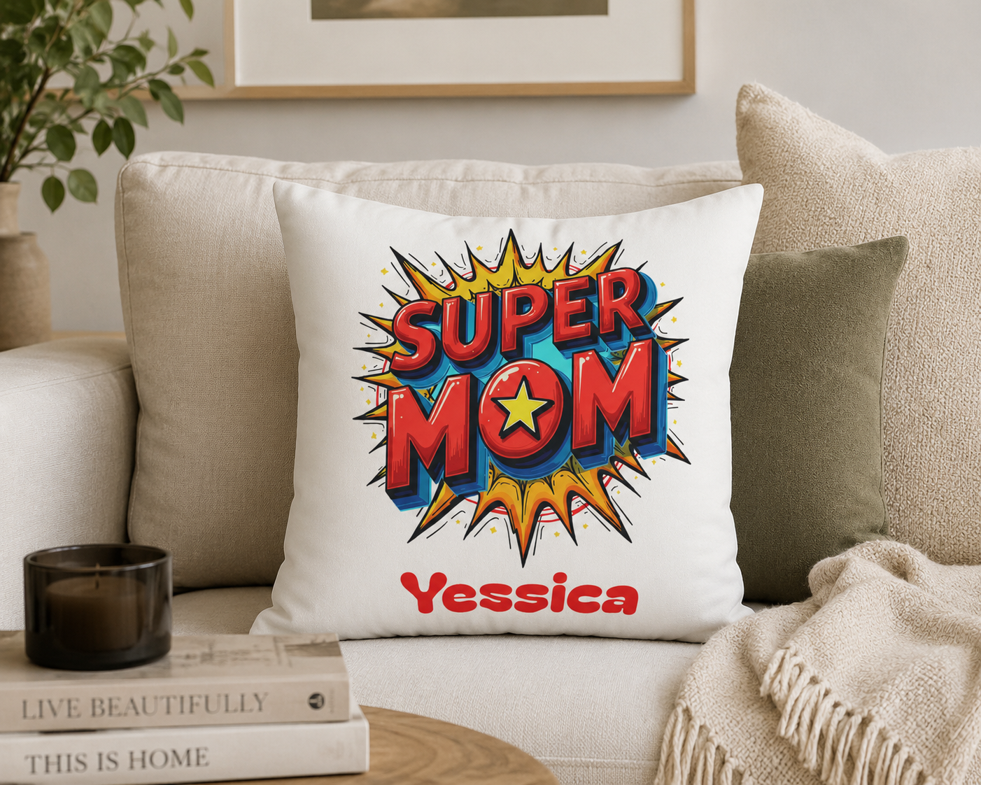 Concealed zipper detail on the personalized Super Mom pillow cover