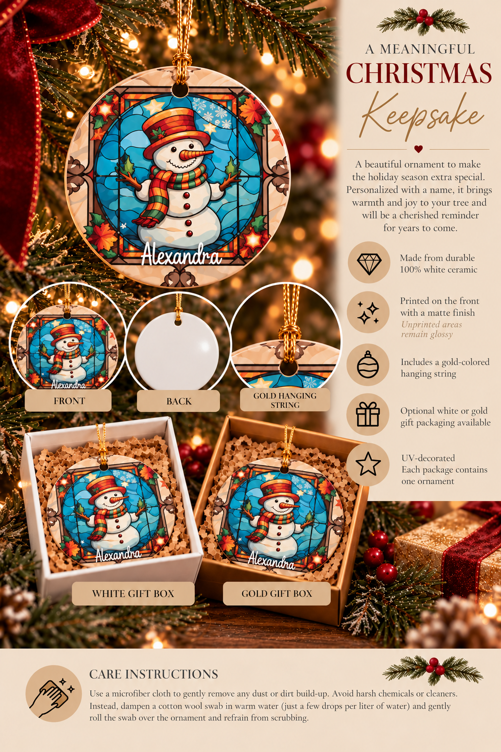 Autumn Stained Glass Snowman Ornament