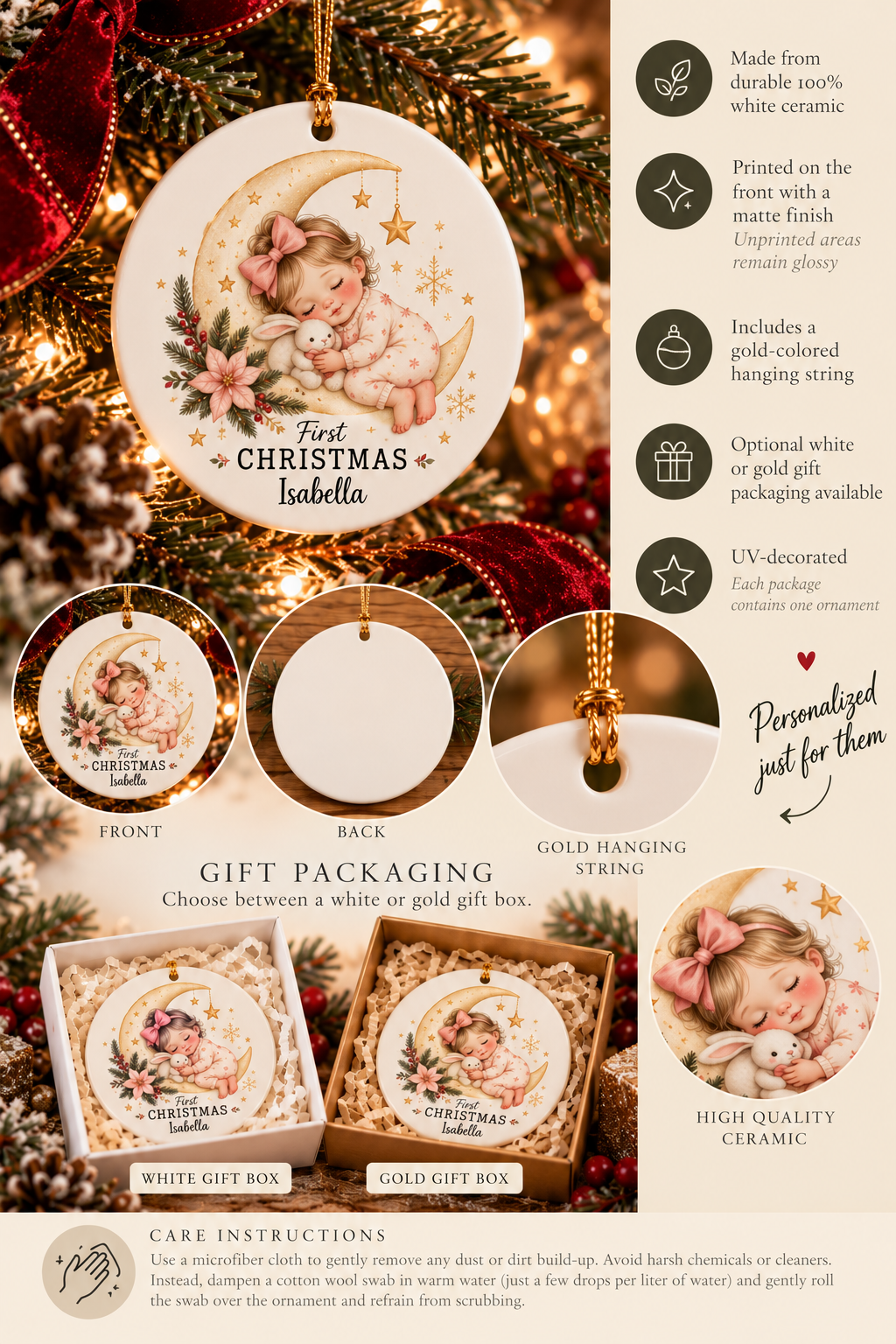 Personalized Baby Girl First Christmas Moon ornament infographic with features, gift packaging options and care instructions