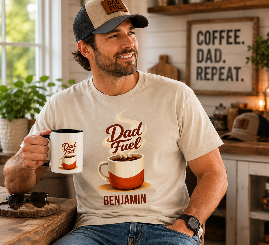A man wearing a beige and navy trucker hat and a light beige graphic t-shirt that reads 'Dad Fuel' with a coffee cup illustration and the name 'BENJAMIN', holding a matching coffee mug in a cozy, rustic kitchen setting.