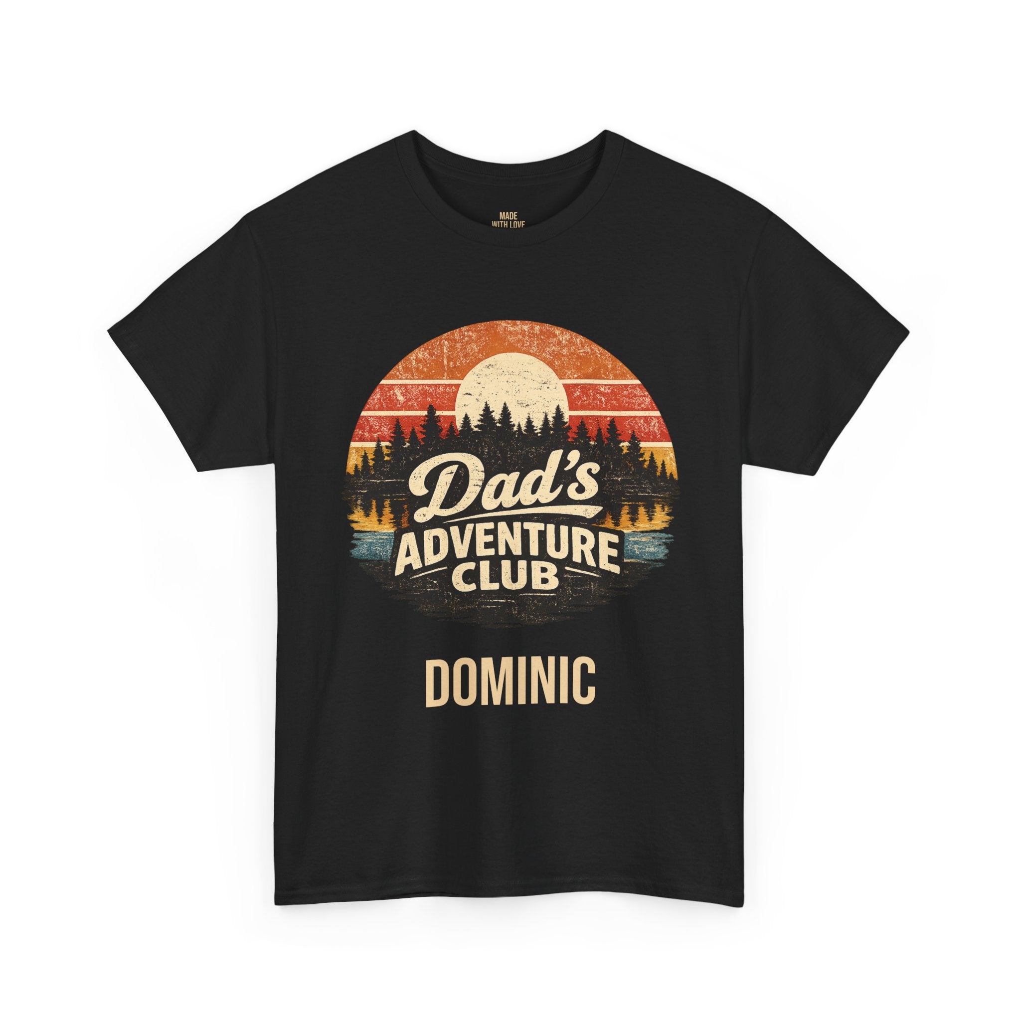A black short-sleeve crewneck t-shirt featuring a retro-style circular graphic with a sunset landscape and the text 'Dad's Adventure Club' and 'DOMINIC' printed below it.