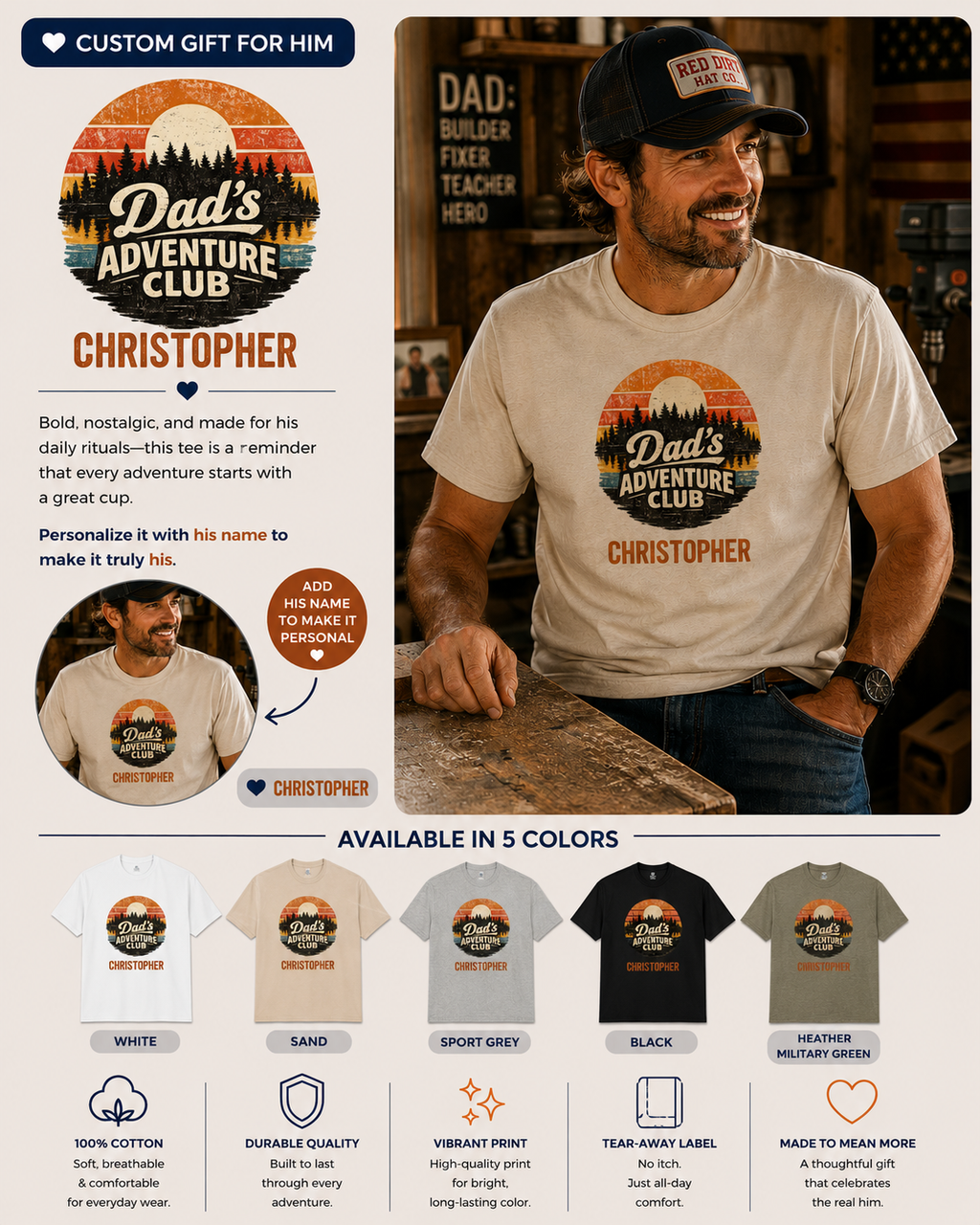 A promotional graphic for a customizable t-shirt featuring a man wearing a white crewneck tee with a 'Dad's Adventure Club' graphic. The left side contains text and customization options, and the bottom shows the t-shirt available in five colors.
