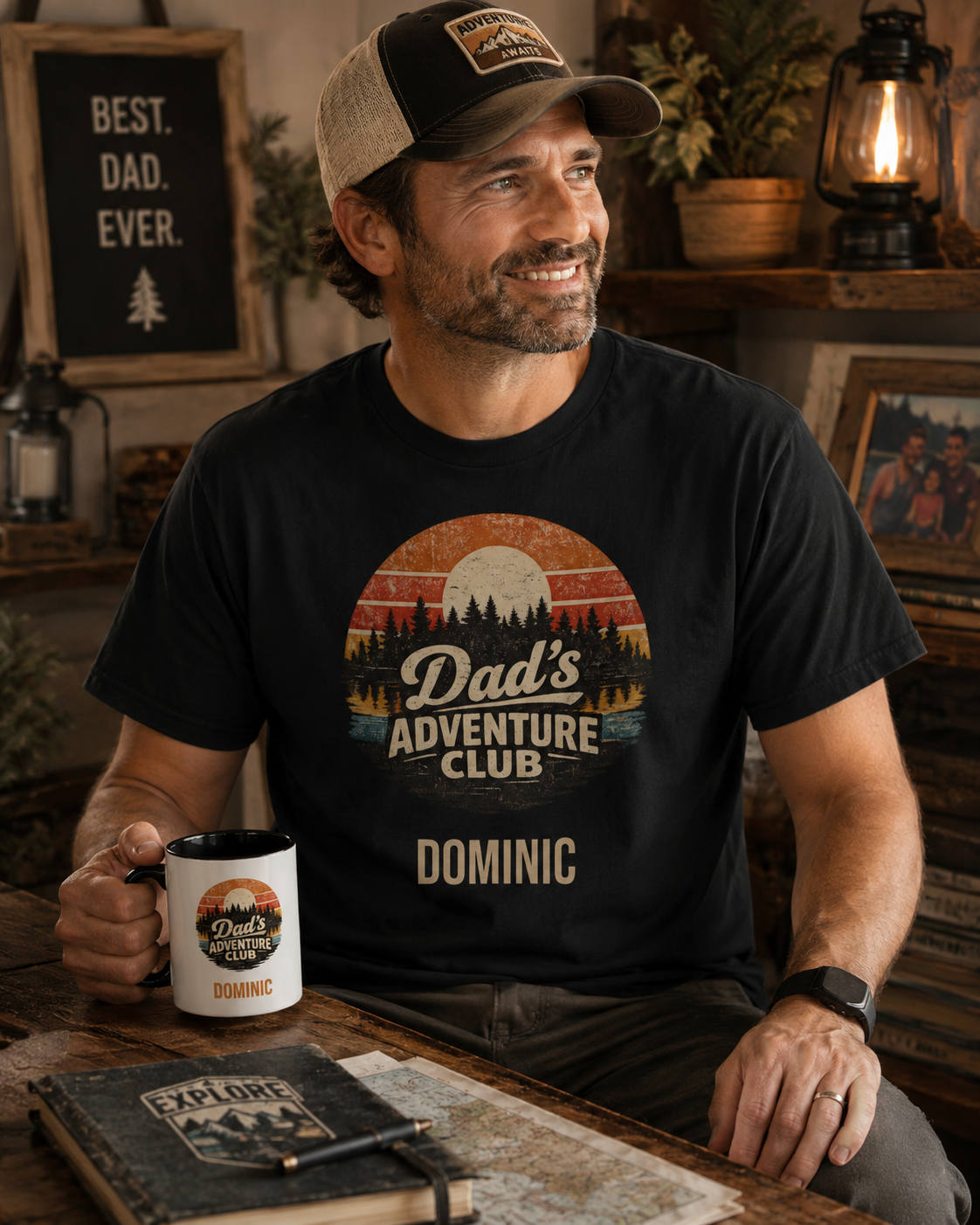 A man wearing a black graphic t-shirt with a 'Dad's Adventure Club' sunset design and the name 'DOMINIC' printed on the front, sitting in a rustic cabin setting and holding a mug.