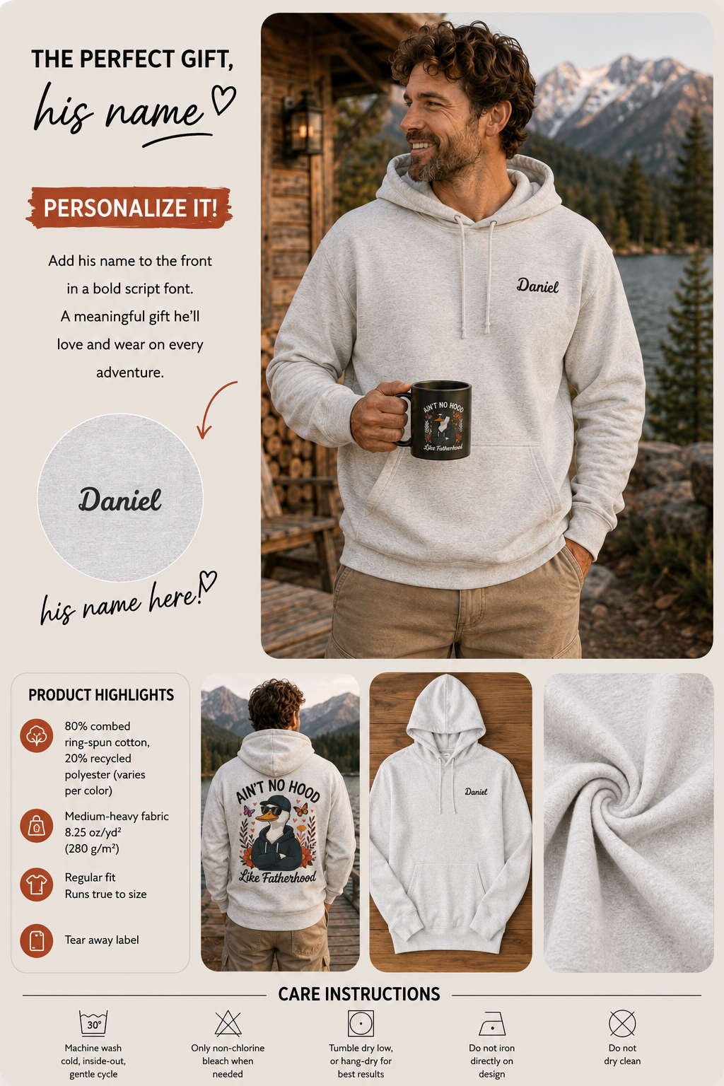 A information collage for a customizable hoodie. The main panel shows a man wearing a light gray hoodie with 'Daniel' printed on the chest, holding a mug. Name is customizable. Special gift for him.