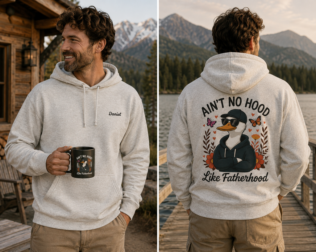A man is shown outdoors in a split view, wearing a light heather gray hoodie. The left side shows the front of the hoodie with a small embroidered name, and the right side shows the back with a large graphic of a duck wearing sunglasses and the text 'AIN'T NO HOOD Like Father'. Name is customizable. Special gift for him.