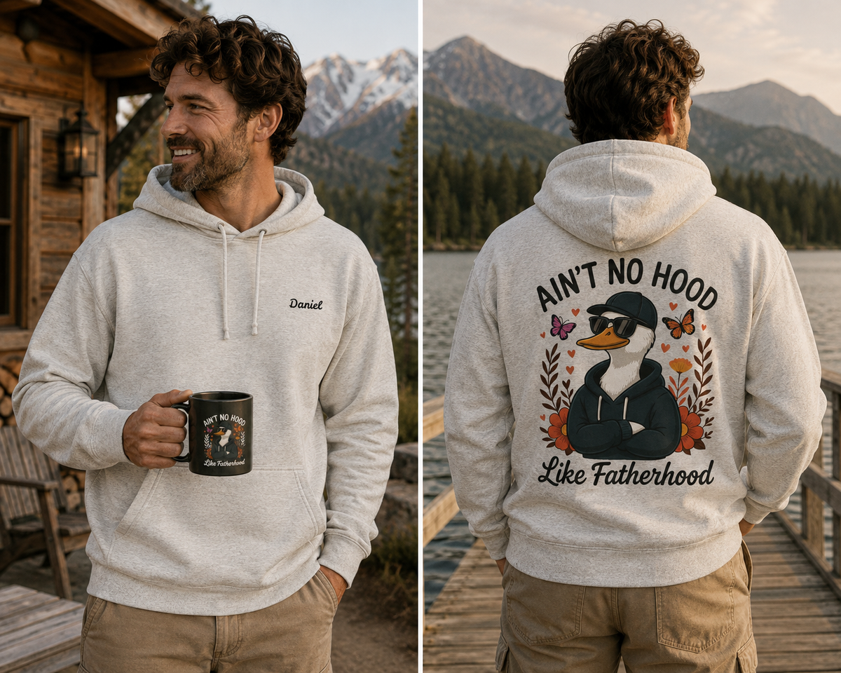 A man is shown outdoors in a split view, wearing a light heather gray hoodie. The left side shows the front of the hoodie with a small embroidered name, and the right side shows the back with a large graphic of a duck wearing sunglasses and the text 'AIN'T NO HOOD Like Father'. Name is customizable. Special gift for him.