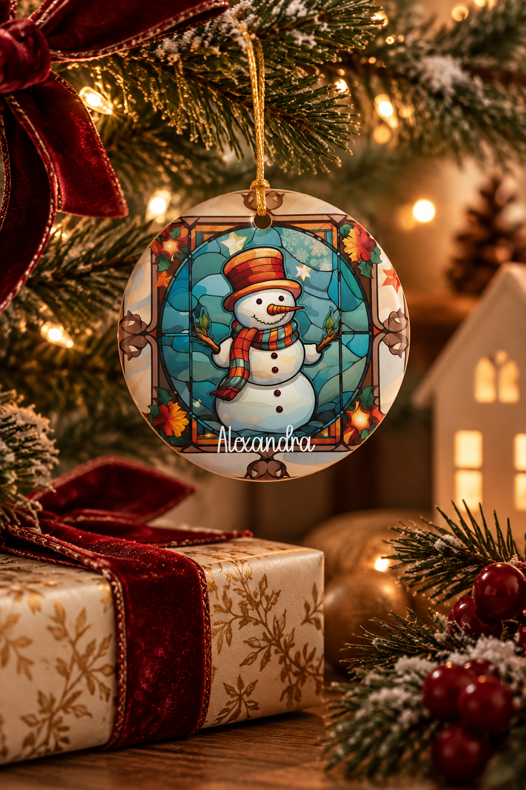 Personalized Autumn Stained Glass Snowman ornament on a decorated Christmas tree with red ribbon and warm lights, lifestyle photo