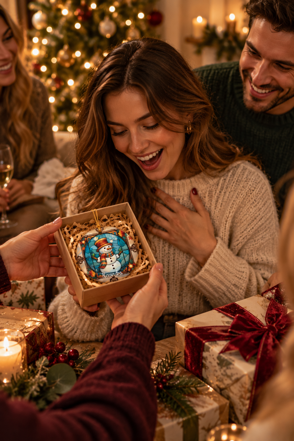 Woman delighted as she opens the autumn stained glass snowman ornament