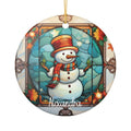 Personalized Autumn Stained Glass Snowman ornament with a snowman in a striped scarf framed by warm autumn leaves, front view