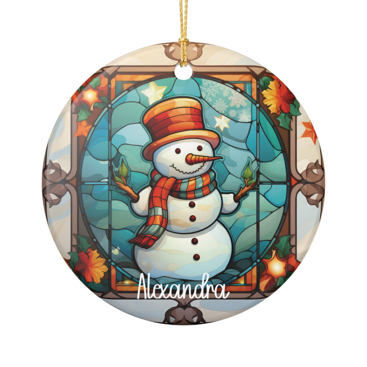 Personalized Autumn Stained Glass Snowman ornament with a snowman in a striped scarf framed by warm autumn leaves, front view
