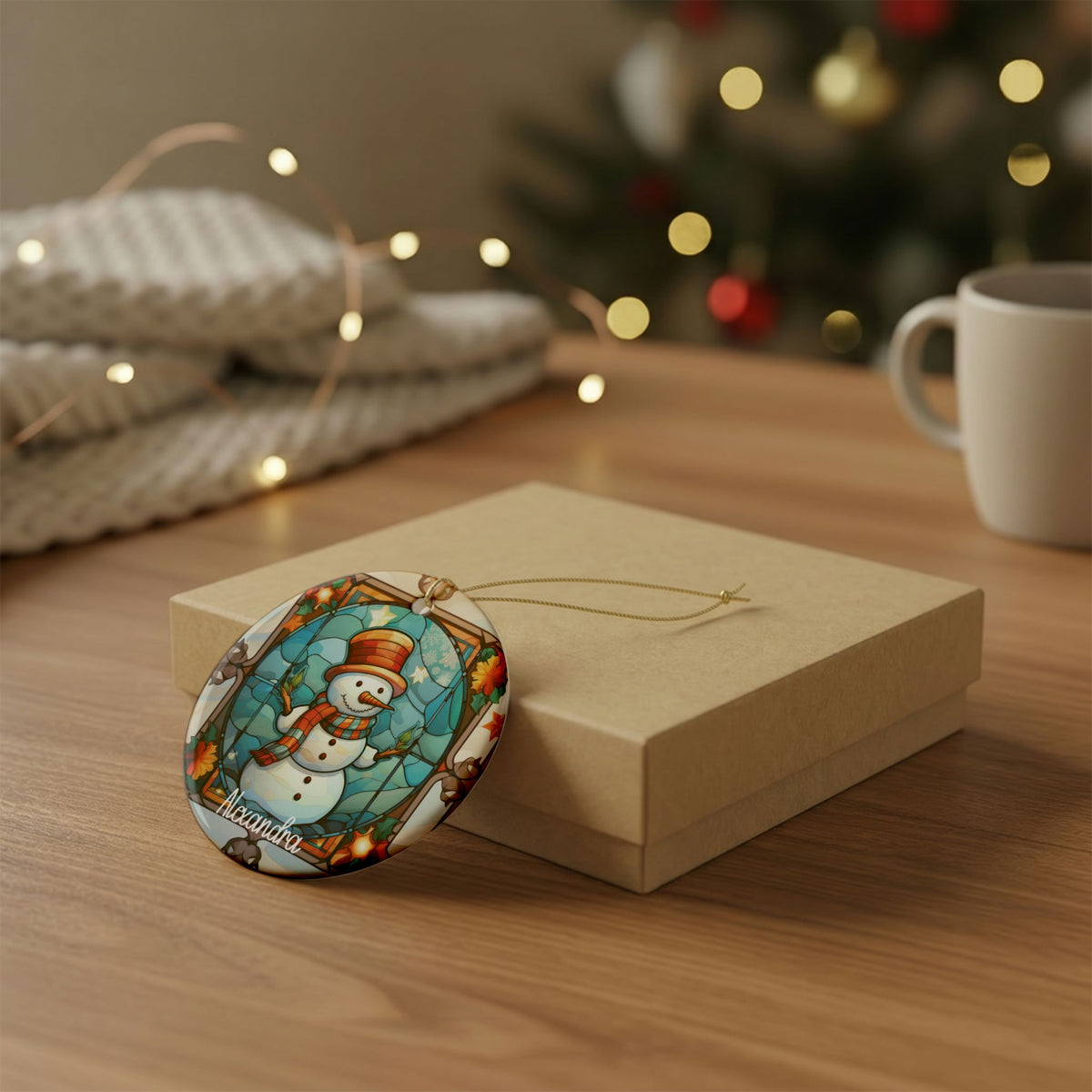 Personalized autumn stained glass snowman ornament resting on a kraft gift box beside a mug and knit throw